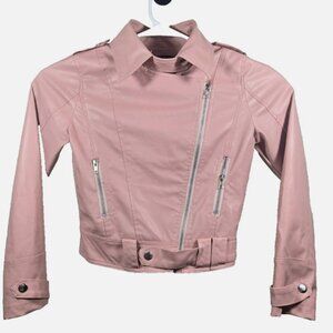 Leather Biker Jacket Women's, Size Small, Pink, Short Coat w/ Zipper & Buttons